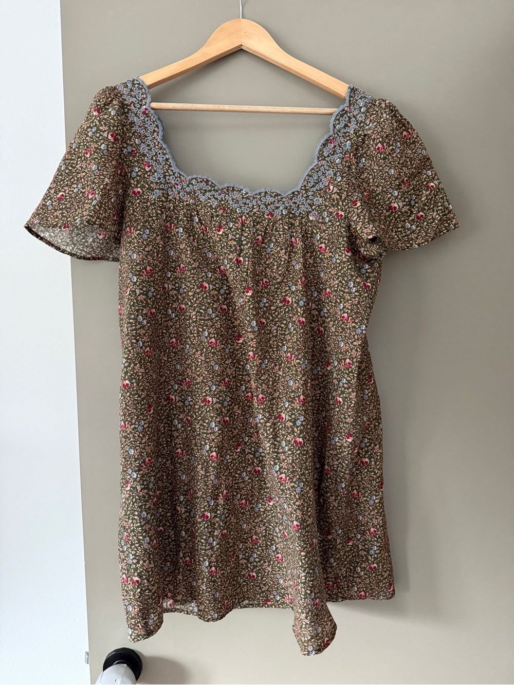Sezane Floral Square-Neck Mini Dress in Olive Brown and Pink